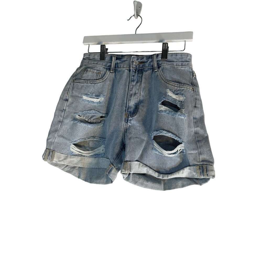 Womens Jean Shorts Distressed Light Wash Cuff Hem 5 Pocket Size 30